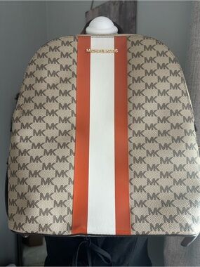 Michael Kors Beige MK Monogram Backpack with Orange & White Center Stripe